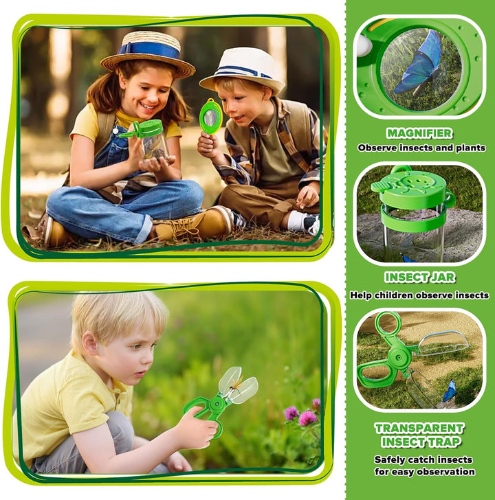 Forscherset für Kinder, Becherlupen für Kinder, Entdecker Set, Kinderfernglas, Schmetterlingsnetz, O