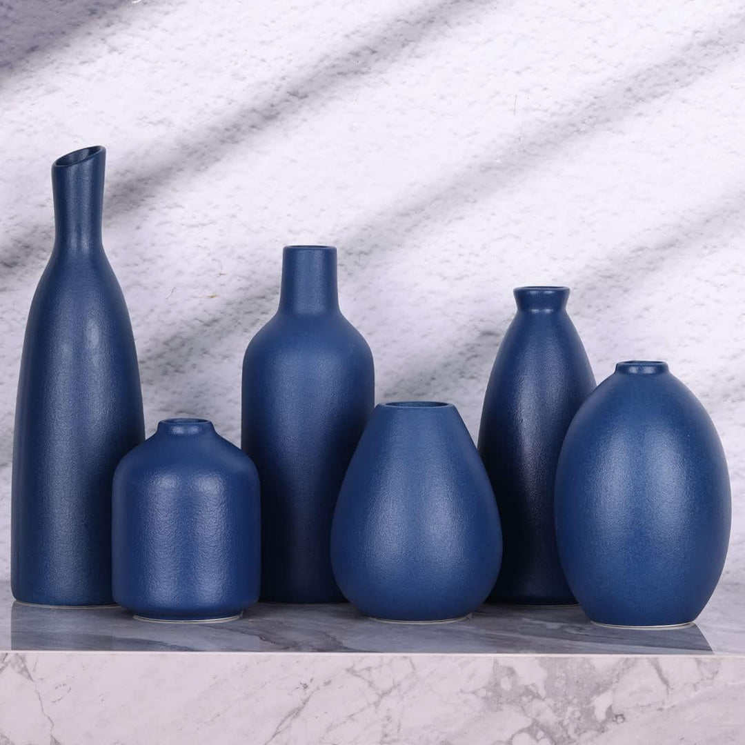 Blaue Keramik Knospen Vasen Set von 6, Bauernhaus Dekor, Kamindekor, Kaminsims & Regal Dekor, Heimde