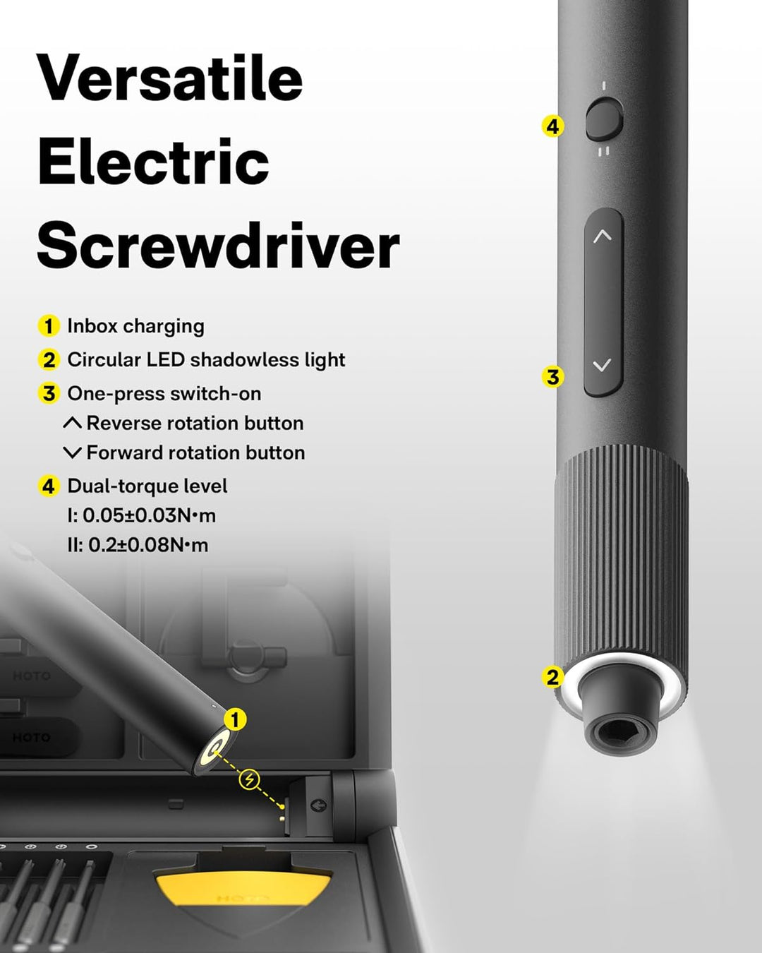 HOTO Mini Elektrischer Schraubendreher Pro, 48 in 1 Feinmechaniker Set mit Öffnungs-Werkzeug & Präzi