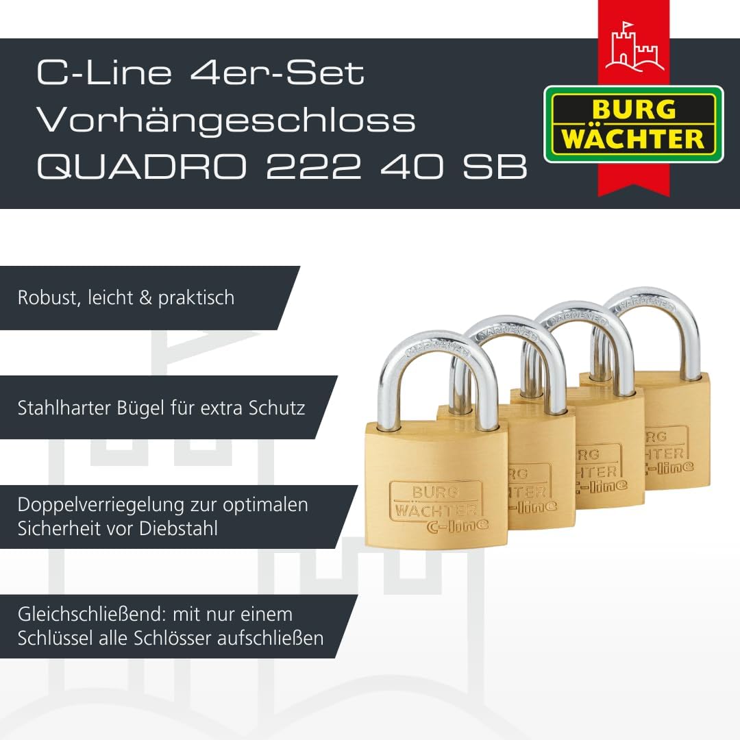 BURG-WÄCHTER 4er-Set Vorhängeschloss mit Schlüssel, Gleichschliessend, Vorhangschloss, 6 mm Bügelstä