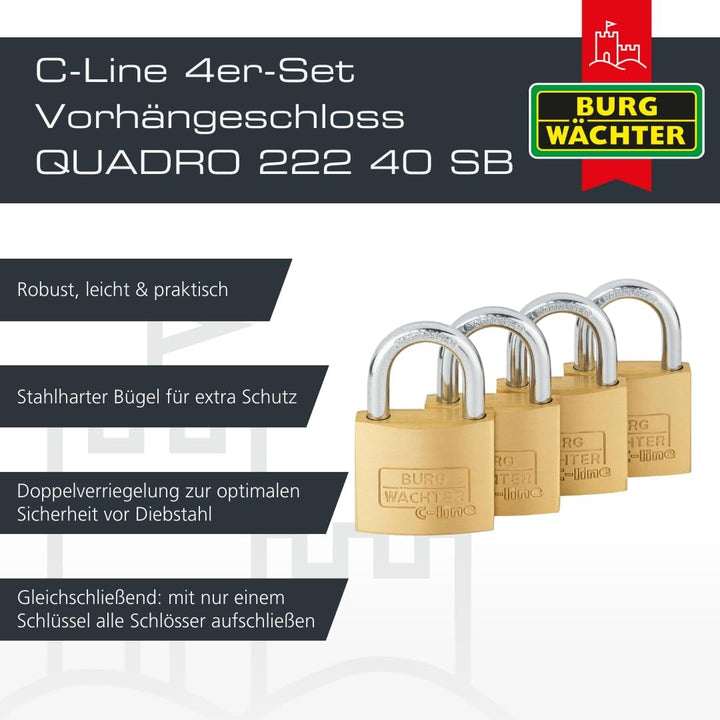 BURG-WÄCHTER 4er-Set Vorhängeschloss mit Schlüssel, Gleichschliessend, Vorhangschloss, 6 mm Bügelstä
