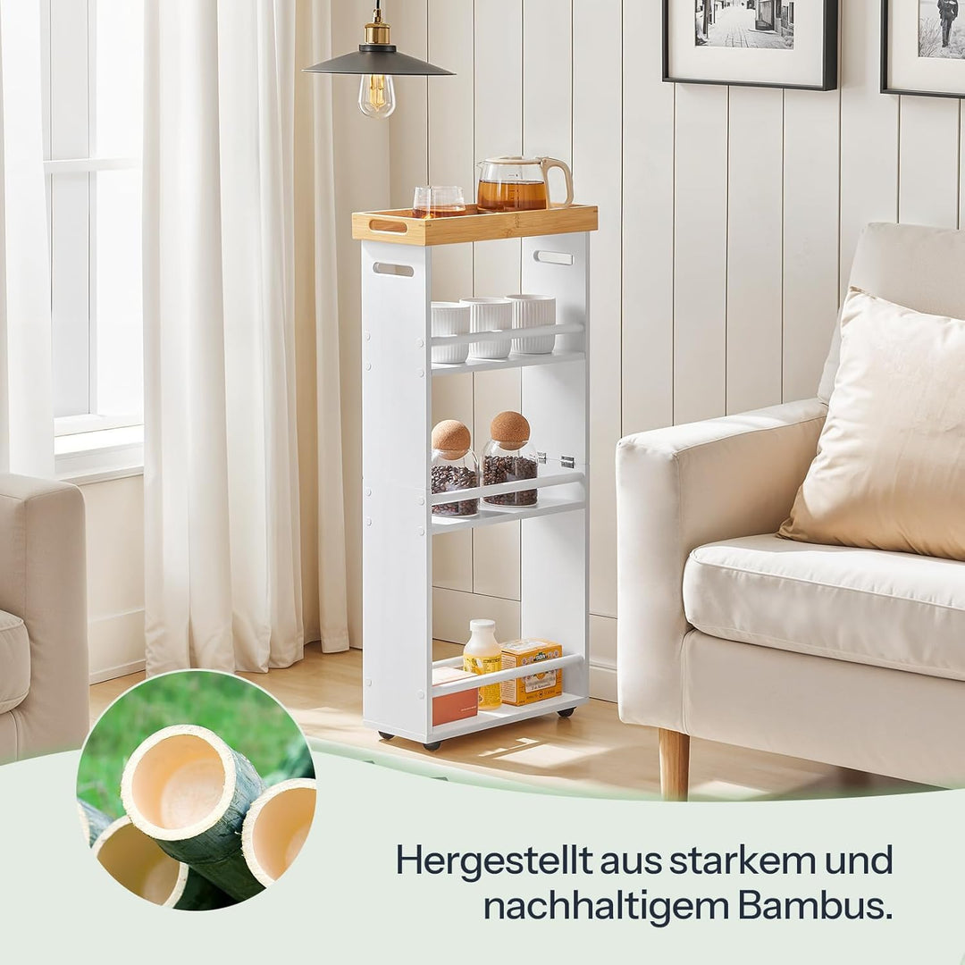 HOOBRO 4-stöckiger Schmaler Servierwagen, Küchenwagen aus Bambus, küchenwagen schmal mit 360° Drehba