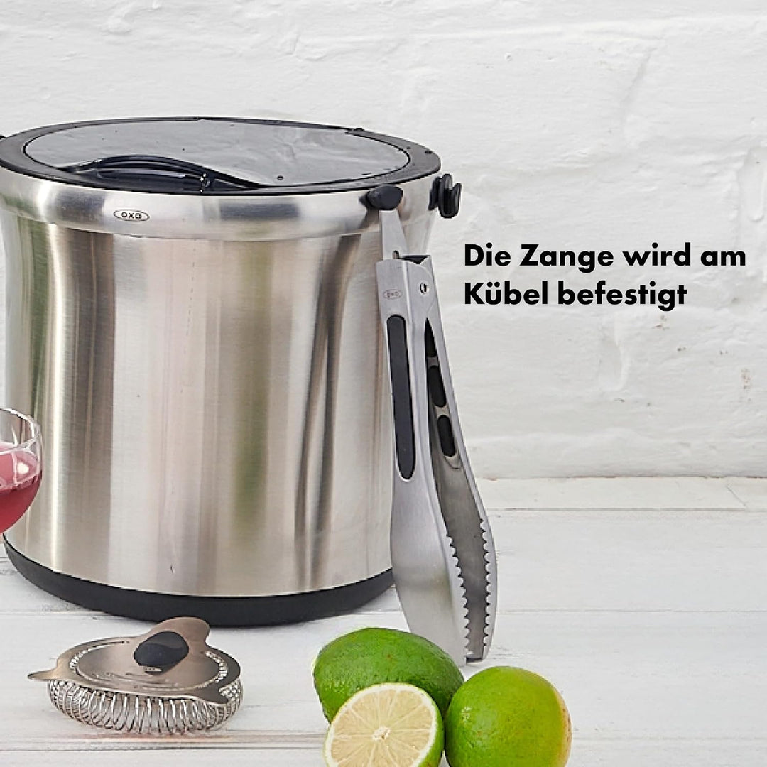 OXO Steel Eiskübel und Zange | Geschmolzenes Eis sammelt sich in tiefen Kanälen an, Die rutschfeste
