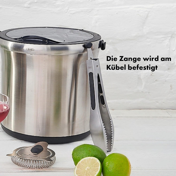 OXO Steel Eiskübel und Zange | Geschmolzenes Eis sammelt sich in tiefen Kanälen an, Die rutschfeste