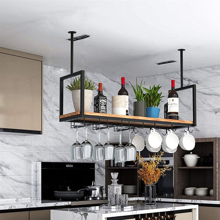 DSVONAUS Deckenregal Decken Weinregal ， Eisen Massivholz Deckenregal Regale Stemware Holder ， Für Ba