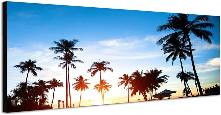 Panoramabild auf Leinwand und Keilrahmen 150x50cm Tropen Wasser Palmen Sonnenuntergang