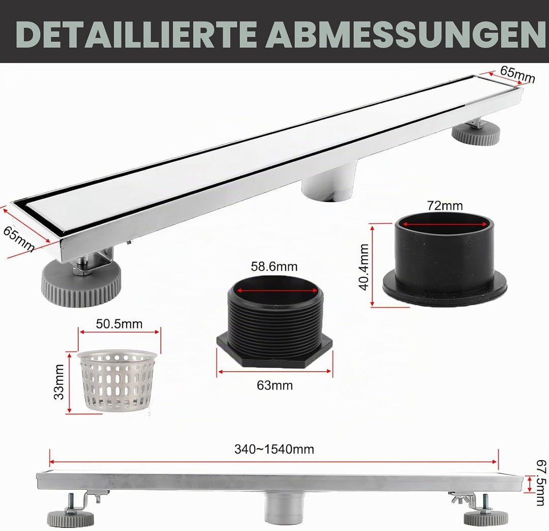 Gugxiom 60 cm Duschrinne, 304 Edelstahl Einsatz Ablaufrinne Dusche Set, 2 in 1 Panels, mit verstellb