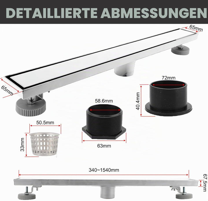 Gugxiom 60 cm Duschrinne, 304 Edelstahl Einsatz Ablaufrinne Dusche Set, 2 in 1 Panels, mit verstellb