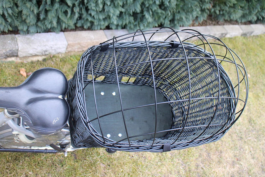 Hundefahrradkorb für Gepäckträger aus Weide mit Metallgitter XXL Schwarz Gepäckträgerkorb Weidenkorb