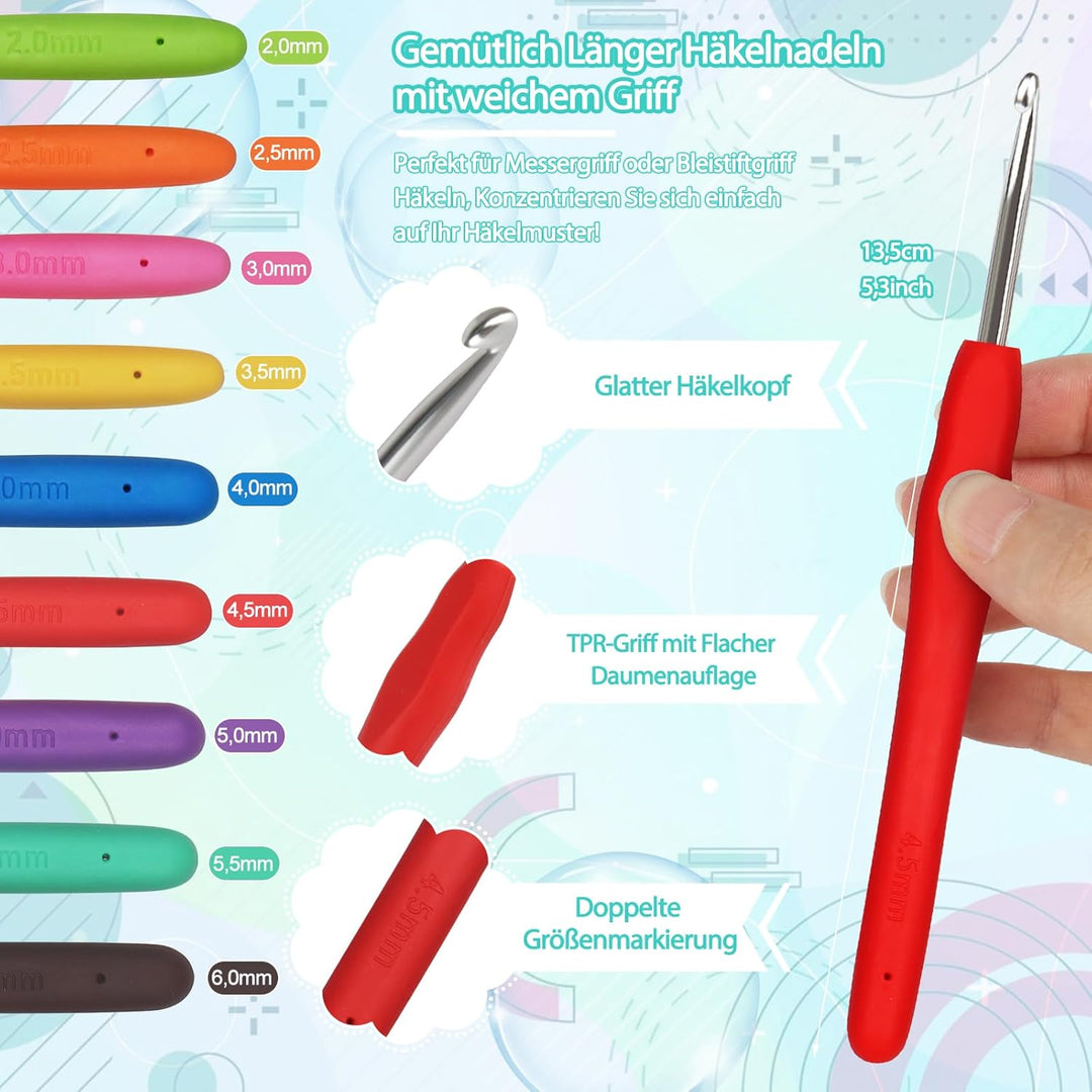 Coopay Tragbar Häkelset für Anfänger, Häkelnadel Set mit 15 Wolle, Tasche, Häkelzubehör, Ergonomisch