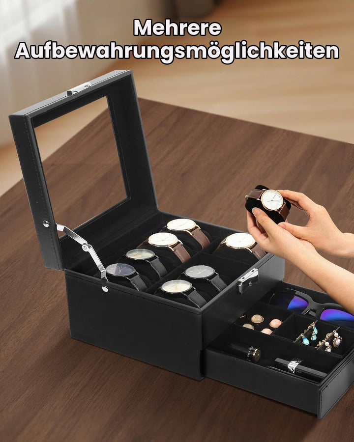 Uten Uhrenbox, 8 Fächern und 1 Schublade mit Schlüsselschloss, Glasdeckel, Schwarzes PU, Schwarzes S