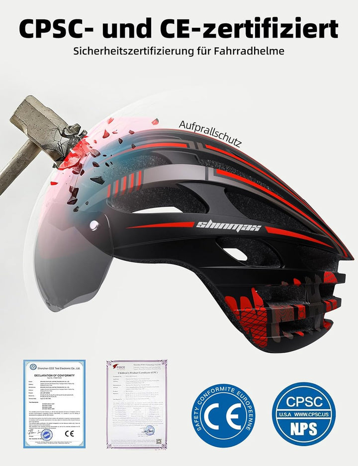 Shinmax Fahrradhelm Herren Damen mit Visier, Magnetischer Abnehmbarer Schutzbrille und USB-Aufladung