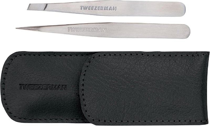 TWEEZERMAN Pinzetten Set mit Leder-Etui aus Rostfreiem Edelstahl, Schräge und Spitze Ausfürhung, Sch