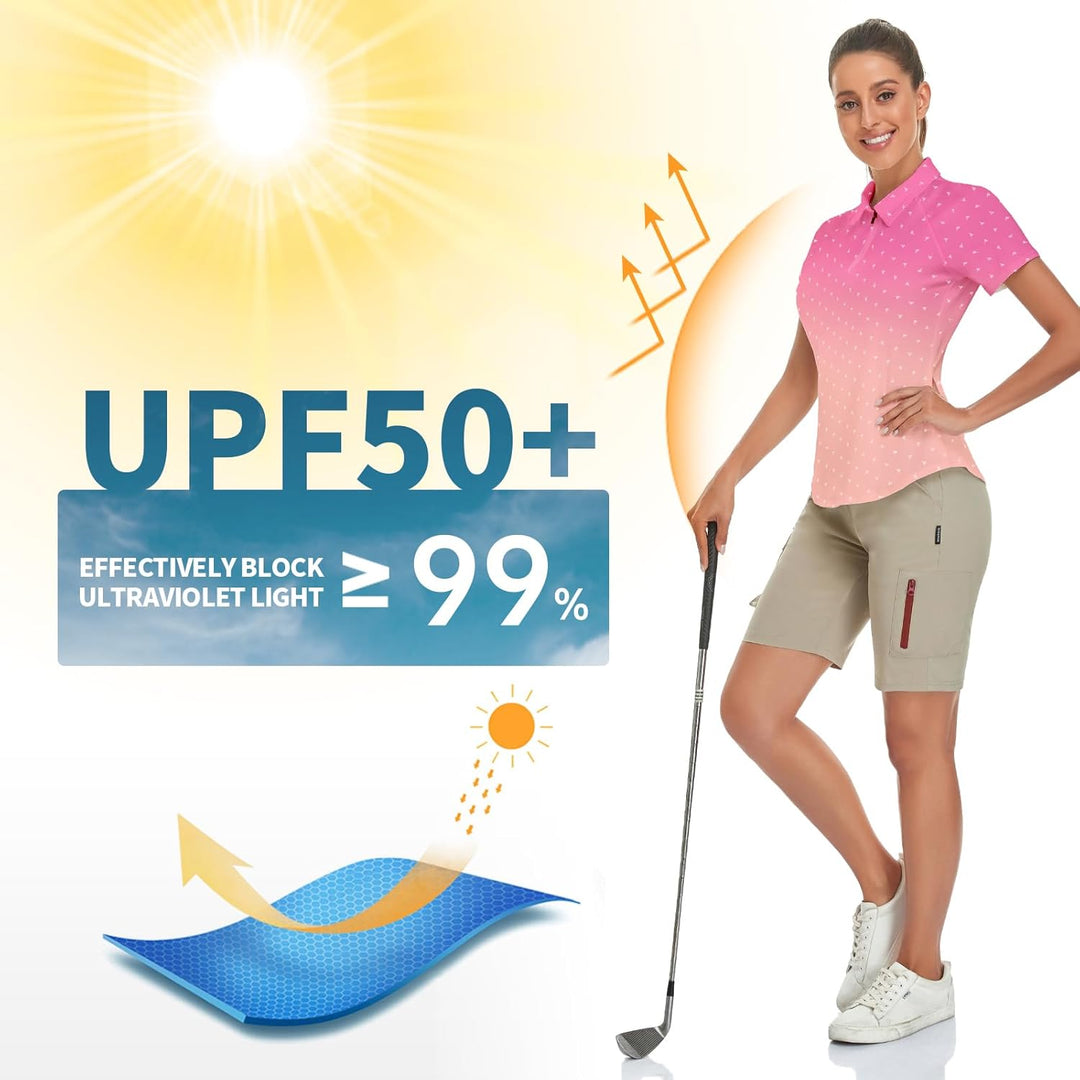 Soneven Atmungsaktiv Poloshirt Damen Leichtes Sportshirt Tailliert Karierte Bluse UPF 50+ Kurzarm 1/