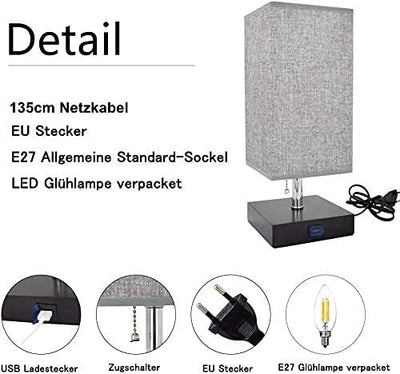 Depuley E27 Tischlampe mit USB Anschluss, Modern LED Nachttischlampe Kinderzimmer mit EU-Stecker & Z