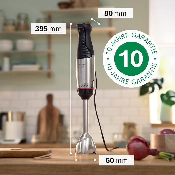 Bosch Stabmixer ErgoMaster Serie 6, einhändig bedienbar, 4 Edelstahl-Klingen, Zerkleinerer, Schneebe