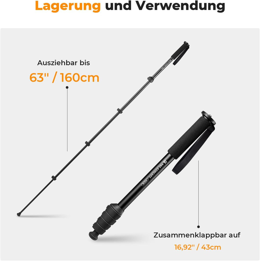 K&F Concept MS16 Einbeinstativ, 63 Zoll Monopod,Stabiles Aluminium-Einbeinstativ mit 5 Sektionen,160