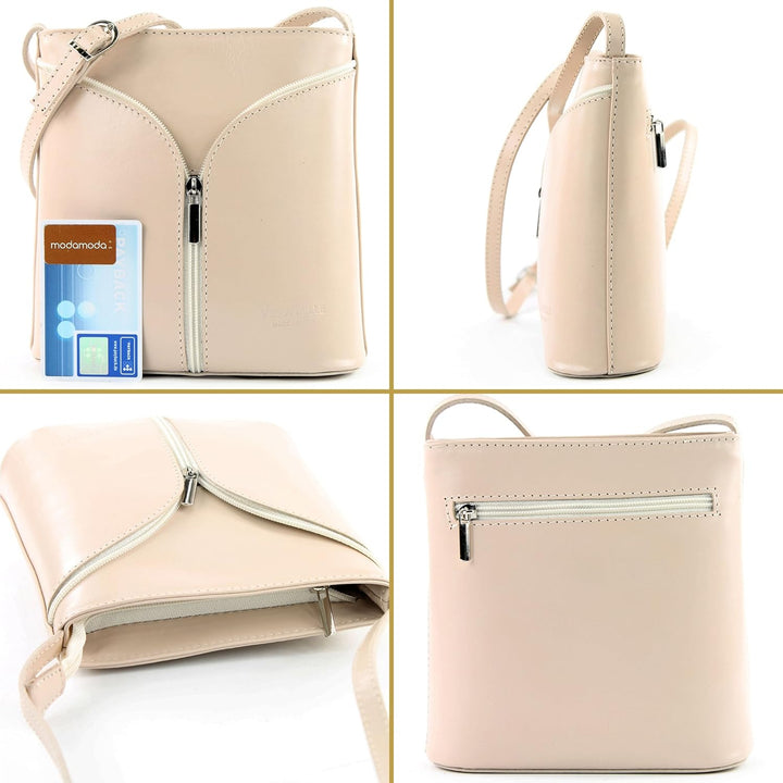 modamoda de - D19 - ital Kleine Umhängetasche aus Leder Braun/Dunkelblau, Braun/Dunkelblau