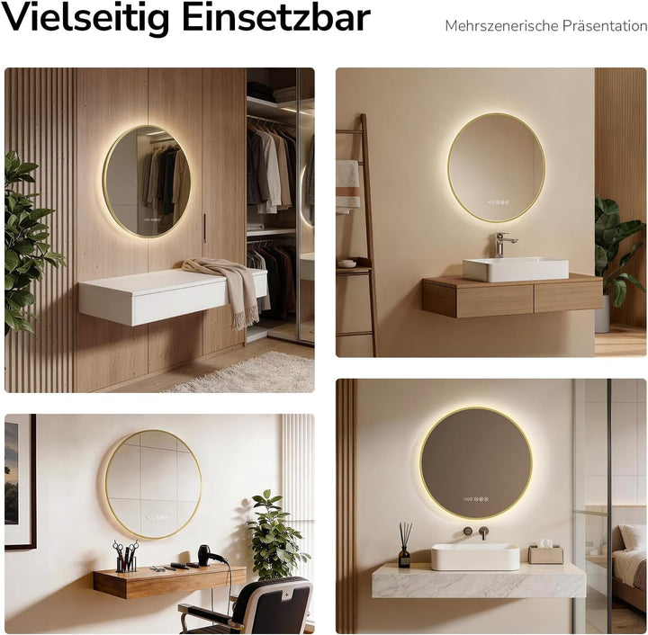EMKE LED Badspiegel Rund Spiegel mit Beleuchtung ф70cm Gebürstetem Goldrahmen LED Badezimmerspiegel