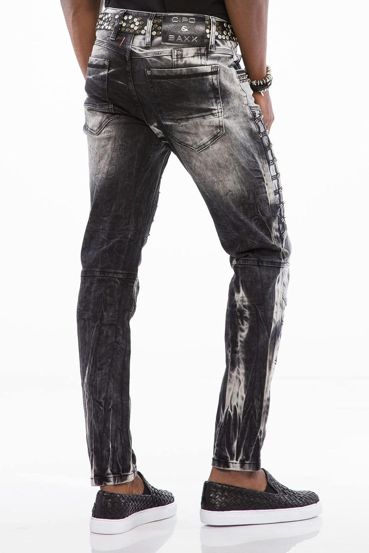 Cipo & Baxx Herren Jeans Hose Slim Fit Denim Gitternähten Straight Fit Jeanshose Schwarz W30 L34