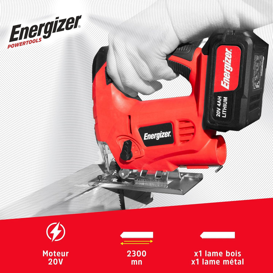 Energizer – Akku-Stichsäge 20 Volt – 2300 OPM, Schnitt in Holz 80 mm/Metall 6 mm – Inklusive 2 Akkus