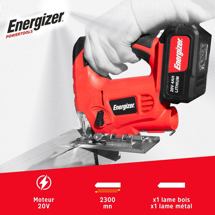 Energizer – Akku-Stichsäge 20 Volt – 2300 OPM, Schnitt in Holz 80 mm/Metall 6 mm – Inklusive 2 Akkus