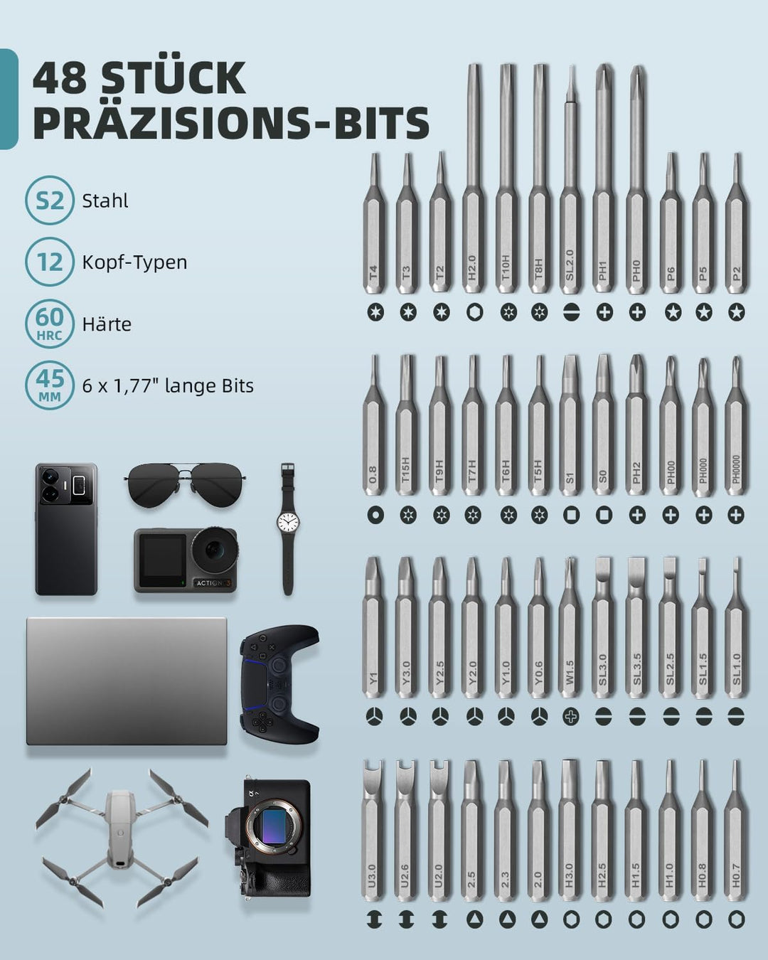 Mini Elektro Schraubendreher Set, Präzisions Elektrischer Schraubendreher mit 48 in 1 Magnetischen B