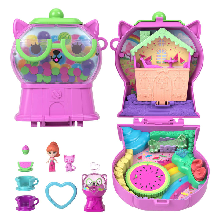 Polly Pocket Puppen und Spielset, Kaugummi-Kätzchen-Schatulle, Reisespielzeug mit 1 Mikropuppe, Haus