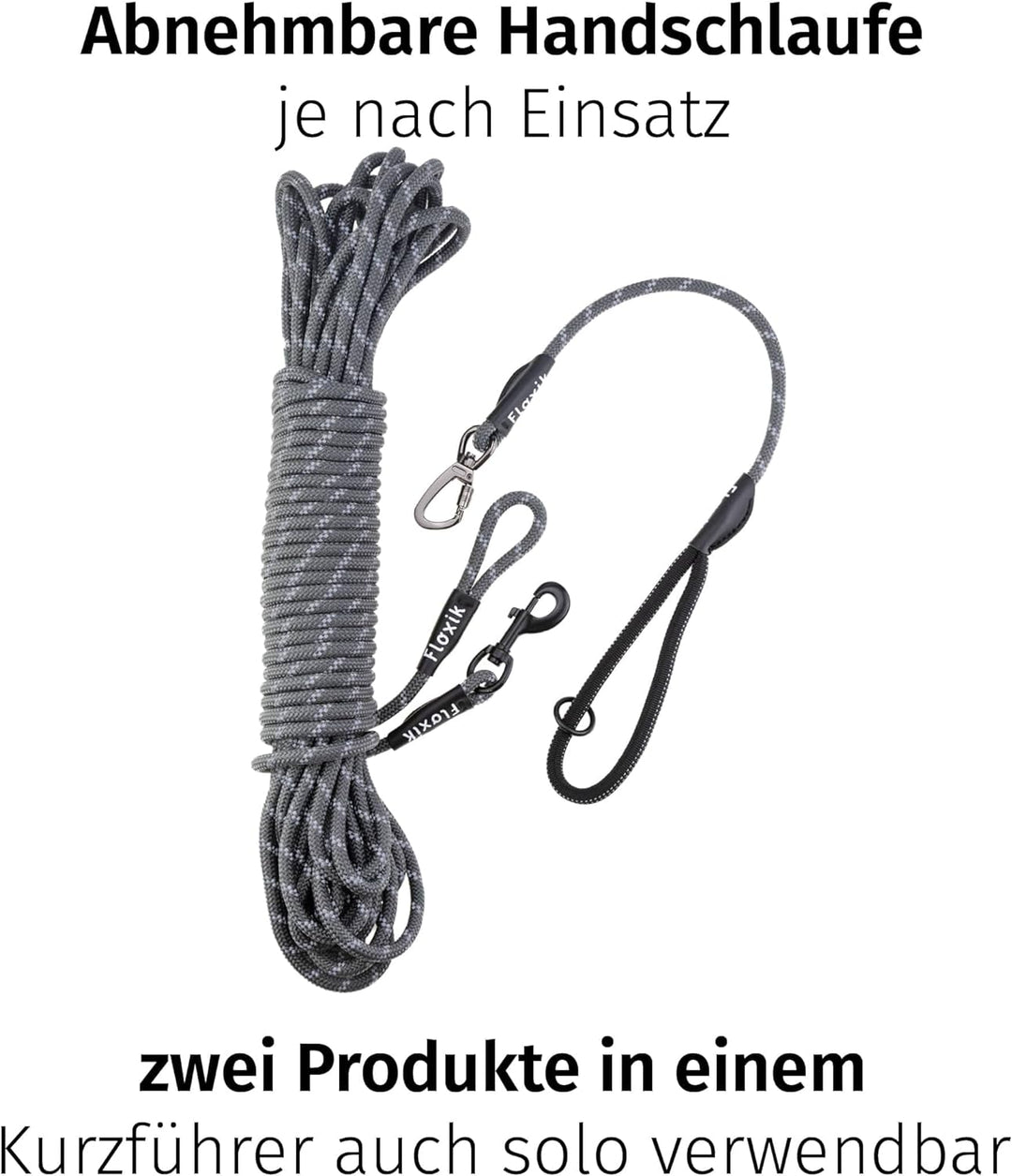 Floxik Schleppleine für Hunde | 5m, 10m, 15m, 20m grau | reflektierende Tauleine mit Abnehmbarer Han