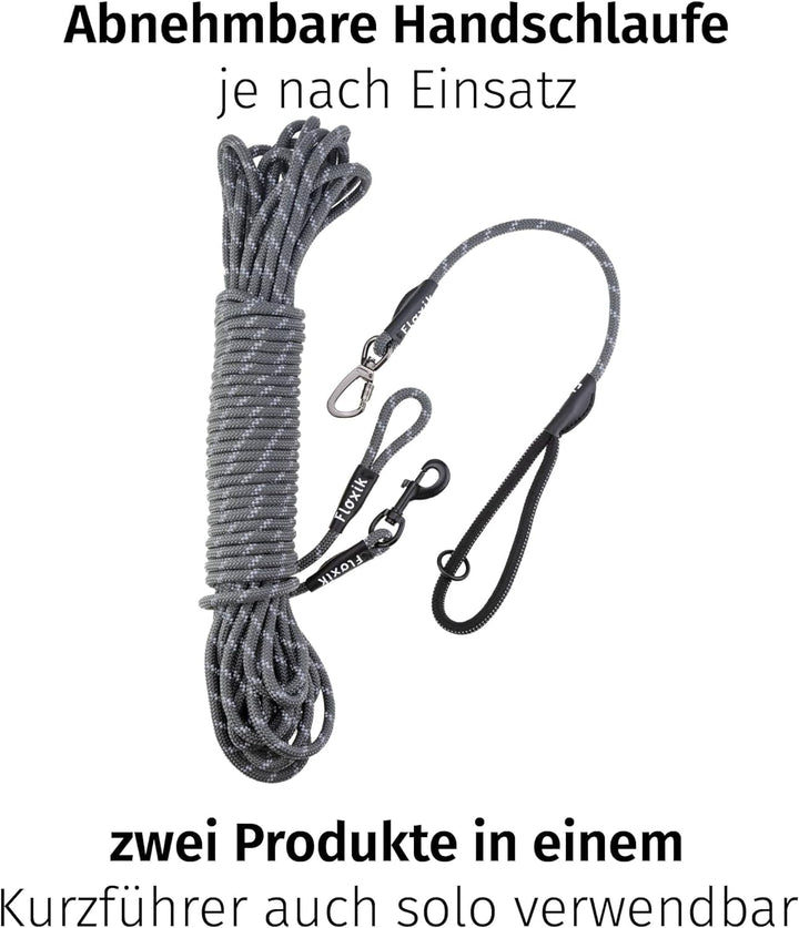 Floxik Schleppleine für Hunde | 5m, 10m, 15m, 20m grau | reflektierende Tauleine mit Abnehmbarer Han