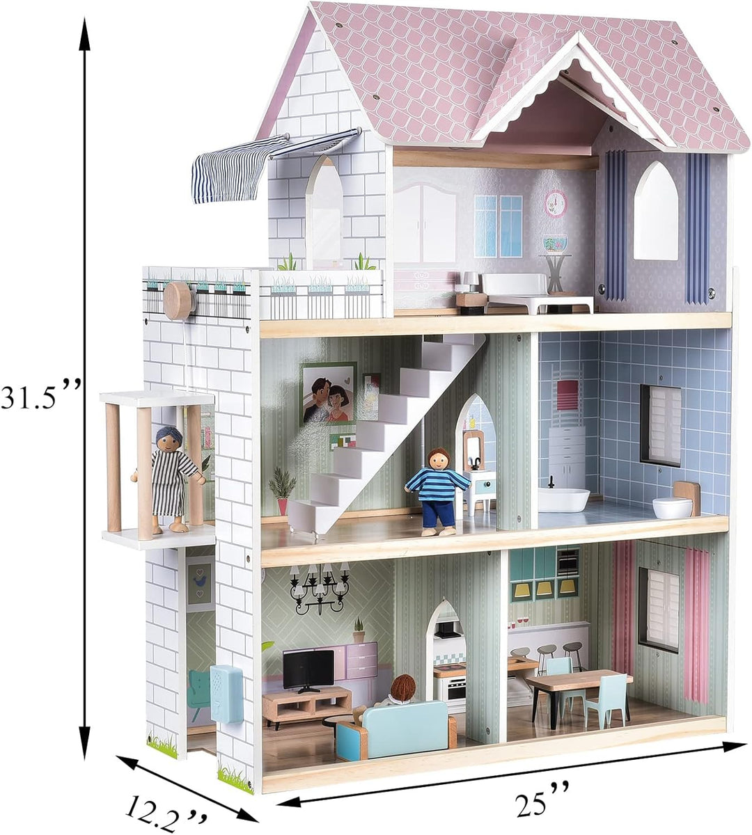 Giant bean Puppenhaus Holz, 80 cm Hoch, mit Aufzug, Türklingel, Licht, 15 Möbelstücken und 3 Puppen,