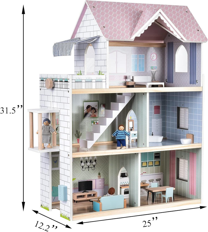 Giant bean Puppenhaus Holz, 80 cm Hoch, mit Aufzug, Türklingel, Licht, 15 Möbelstücken und 3 Puppen,