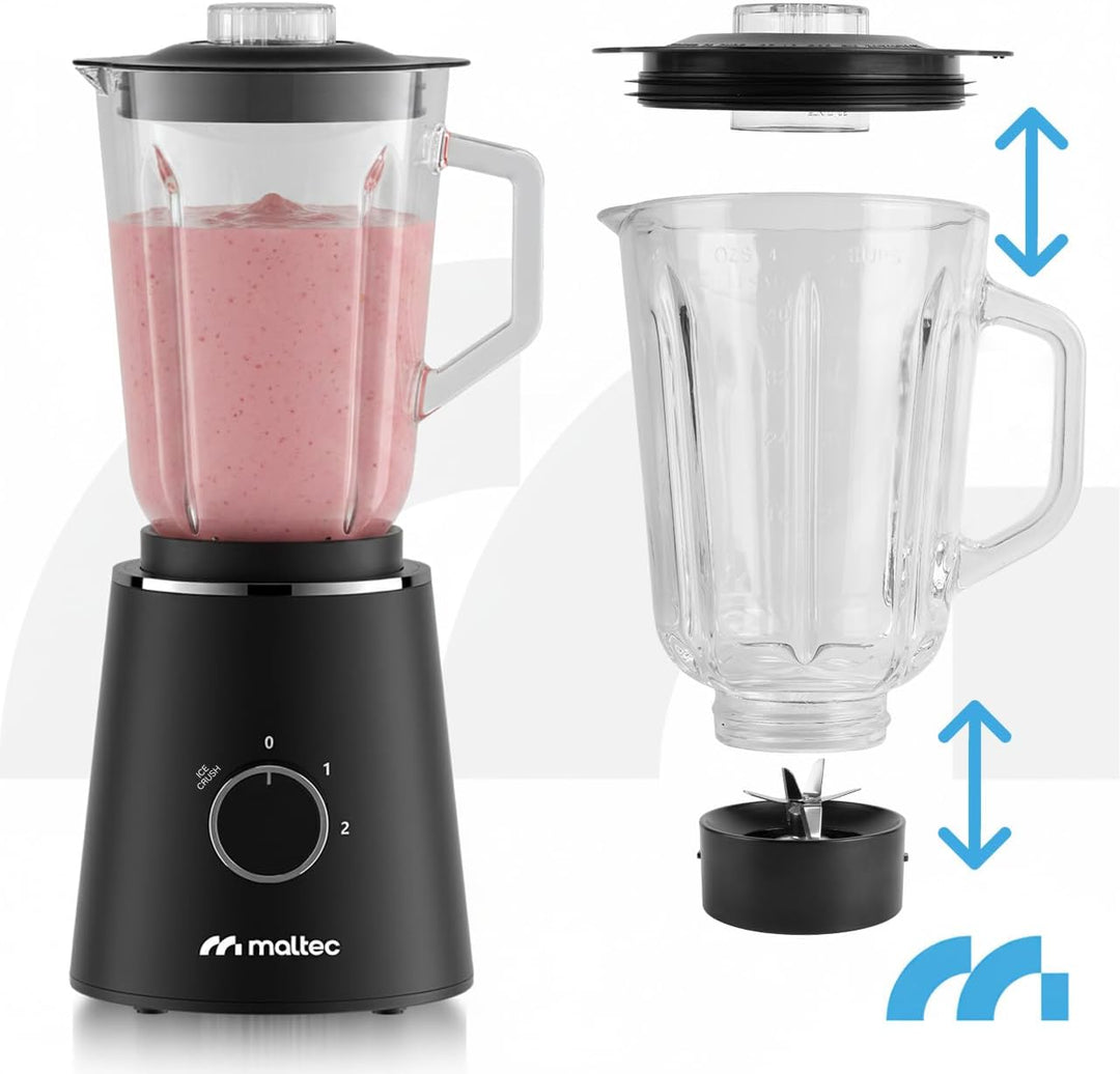 MalTec Standmixer Glas 1,5 L mit 500 ml To-Go-Flasche, 1000 W Motor, 6 Edelstahlklingen, 2 Geschwind