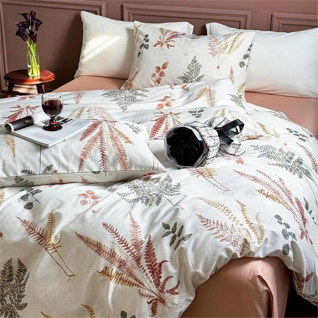 Freyamy Baumwolle Bettwäsche 135x200cm Beige Bunt Pflanzenblätter Ästhetik Bettwäsche-Sets Pflanzenm