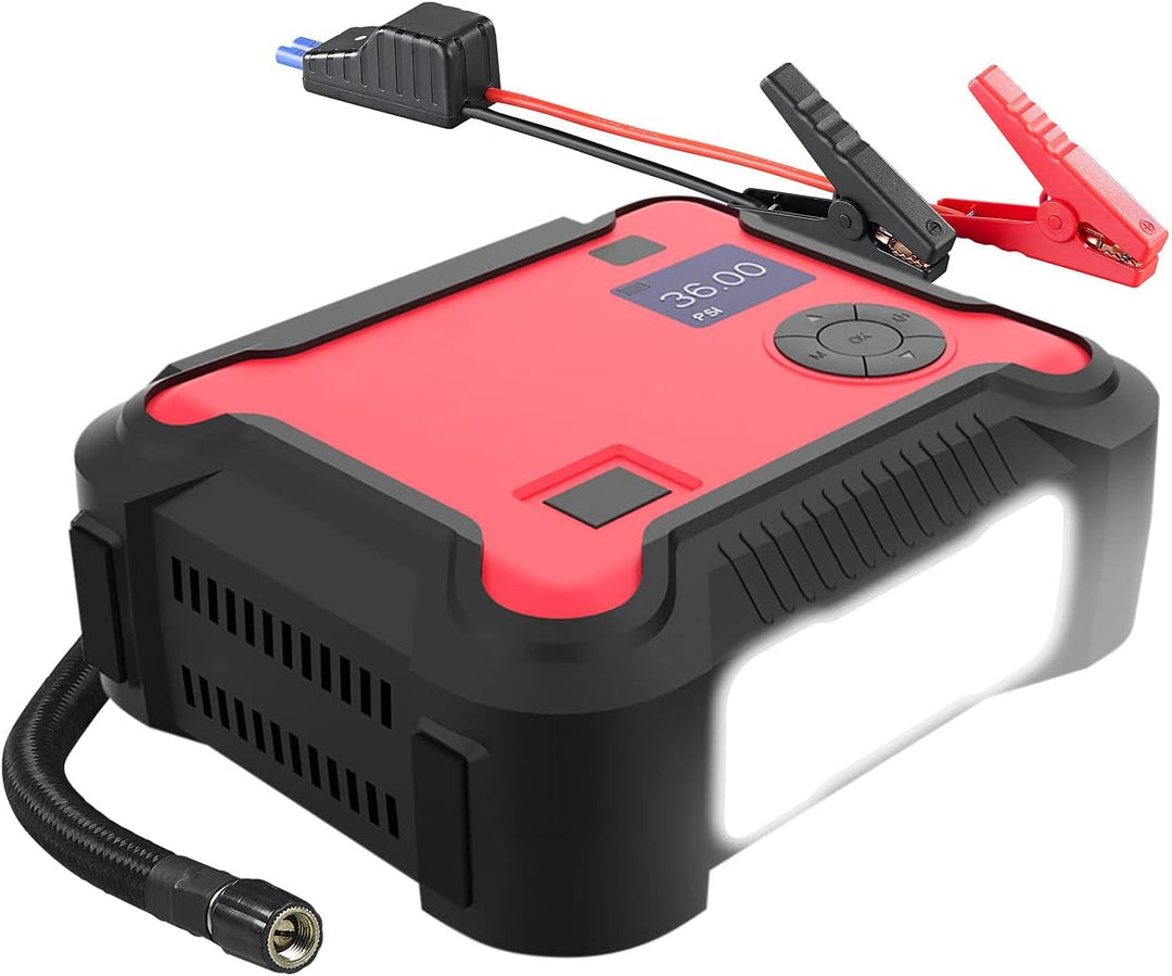 revolt Pkw Starthilfe: 4in1-Starthilfe-Powerbank, Kompressor, USB, 16 Ah, 1200A, 150 psi (Pumpe, Akk