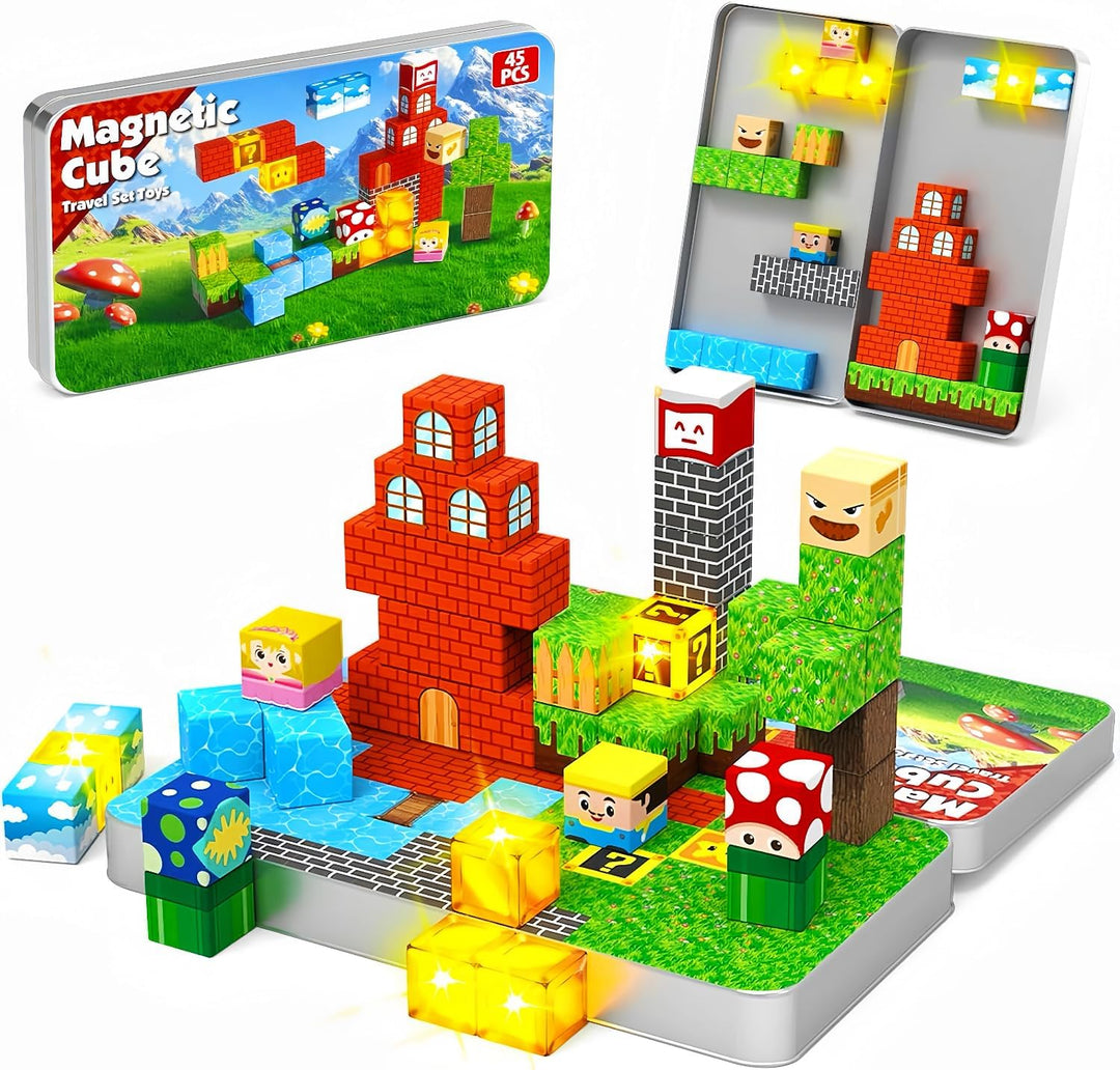 ToyUnited Magnetische Bausteine Reiseset 45 PCS in Metallbox, Mini Reisespielzeug ab 3 Jahren – Trag