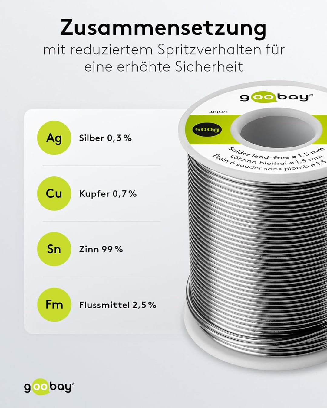 Goobay 40849 Lötzinn bleifrei ø 1,5mm Lötdraht mit Flussmittel, 0.3 % Silber & 0.7 % Kupfer, 217 °C