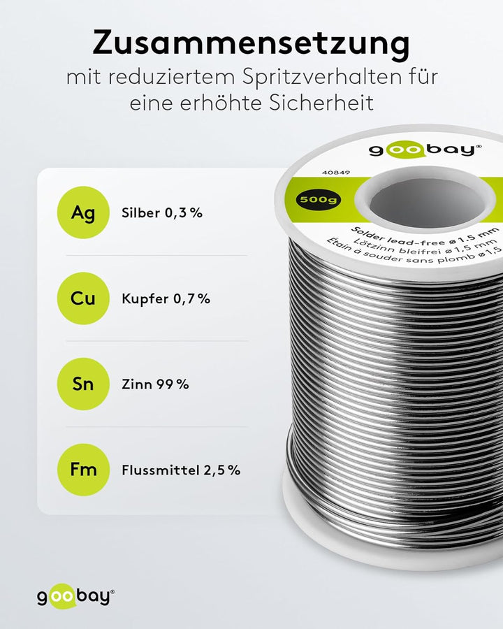 Goobay 40849 Lötzinn bleifrei ø 1,5mm Lötdraht mit Flussmittel, 0.3 % Silber & 0.7 % Kupfer, 217 °C