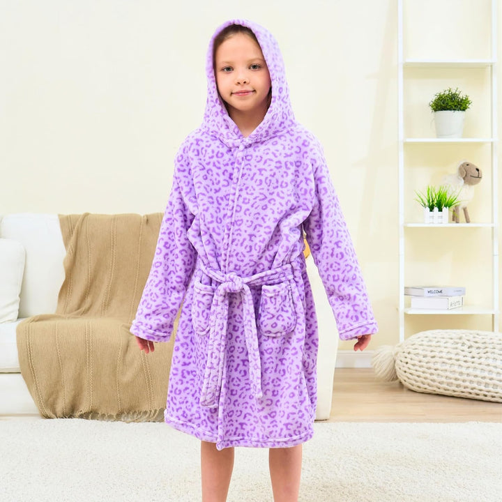 Weicher Bademantel mit Kapuze für Mädchen Fleece Morgenmantel Nachtwäsche Kinder 5-6 Jahre Lila Leop