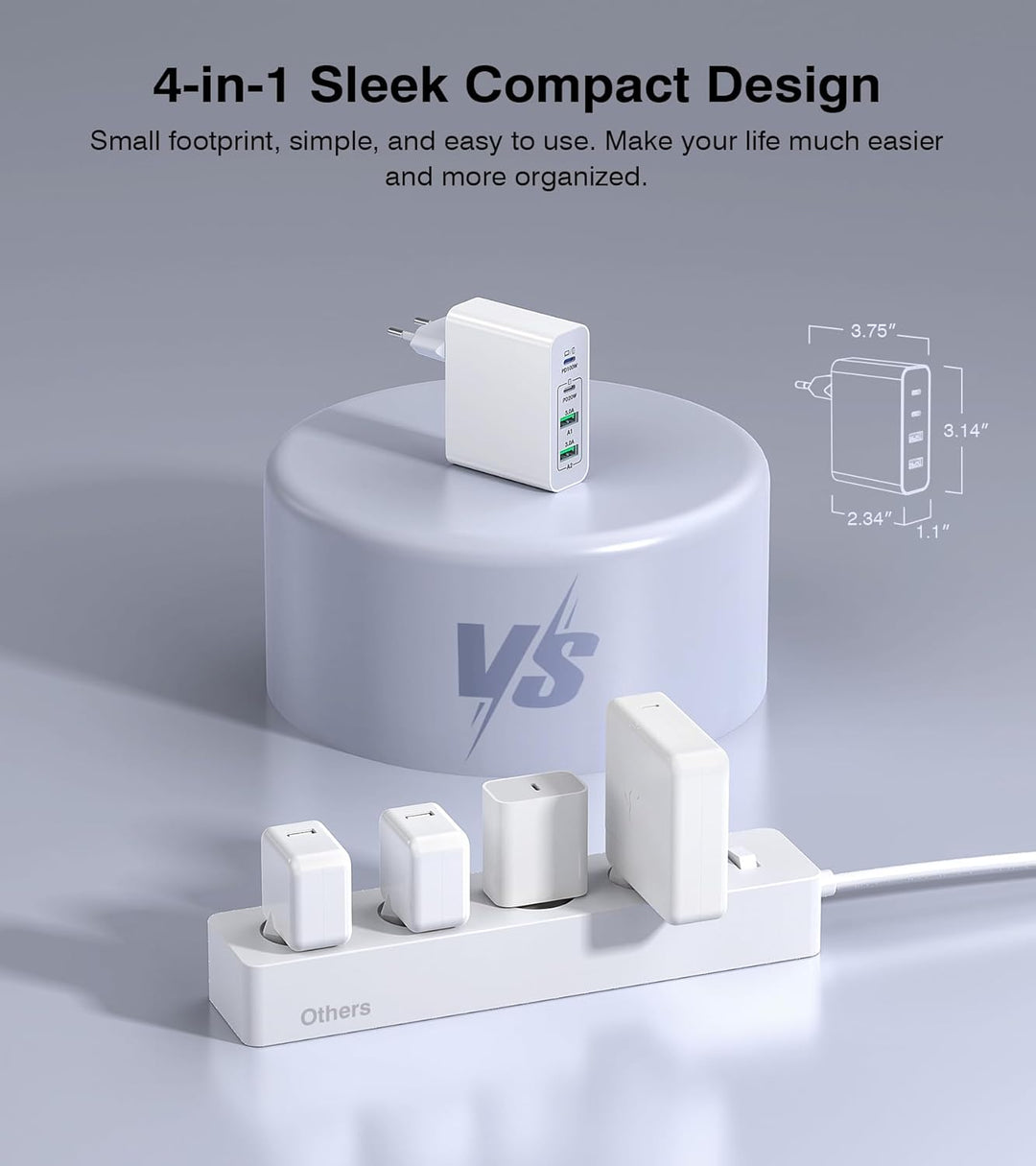 100W 6-Port Adapter Mehrfach Ladegerät mit USB-C und USB-A, Schnellladegerät PD 3.0 Charger Power Ne