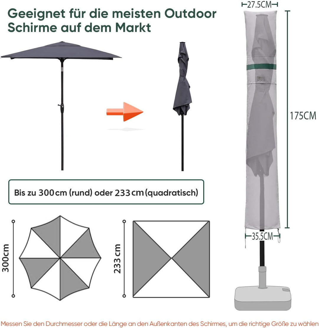 Sekey Sonnenschirm Schutzhülle mit Stab, Abdeckhauben für Ø 300 cm Gartenschirm mit Belüftungsöffnun