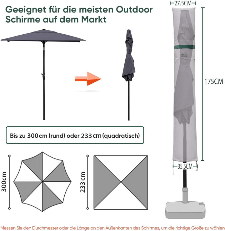 Sekey Sonnenschirm Schutzhülle mit Stab, Abdeckhauben für Ø 300 cm Gartenschirm mit Belüftungsöffnun