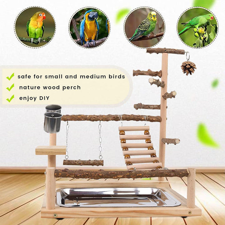 WishesMar Wellensittich Spielplatz Vogel-Spielplatz mit Feeder-Cup Spielzeug Leiter Erklimmen Schauk