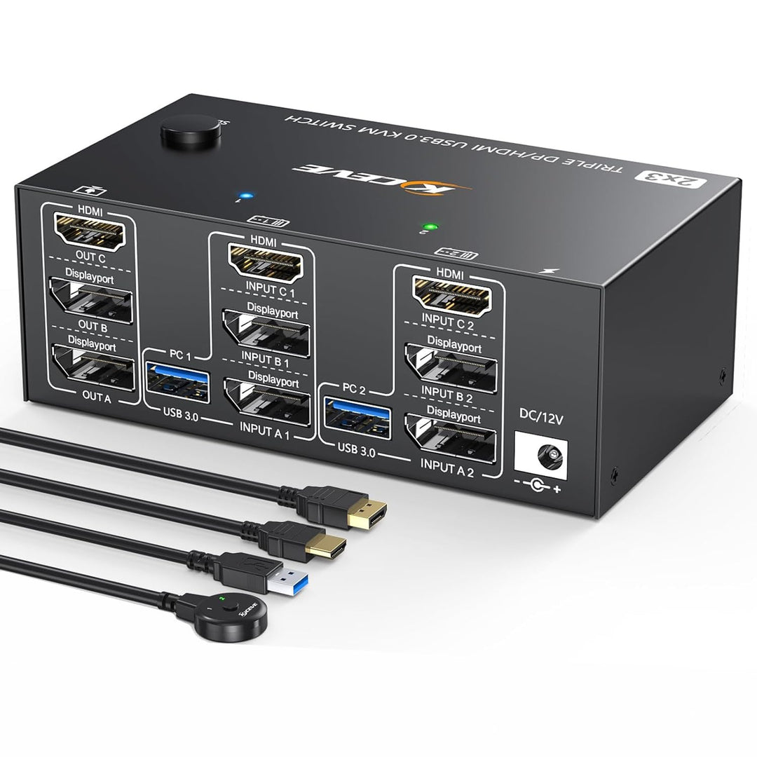 KCEVE KVM Switch 2 Computer 3 Monitore, USB 3.0 KVM Umschalter HDMI + DisplayPort, 8K@60Hz/4k@144Hz