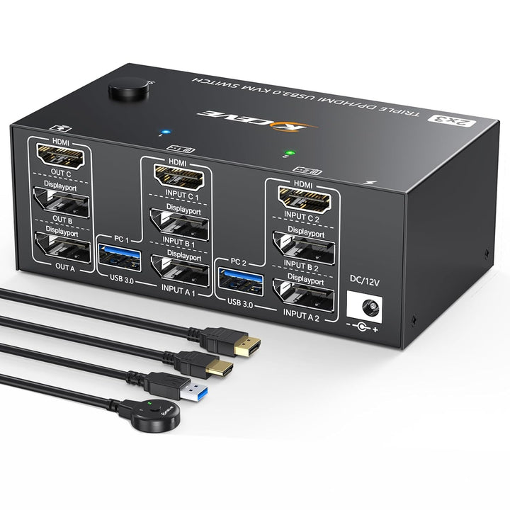 KCEVE KVM Switch 2 Computer 3 Monitore, USB 3.0 KVM Umschalter HDMI + DisplayPort, 8K@60Hz/4k@144Hz