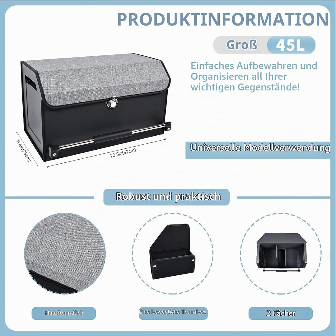 Leder Auto Kofferraum Organizer mit Deckel &amp; stabilem Griff | 45L Multifunktionaler Organizer mit Fä