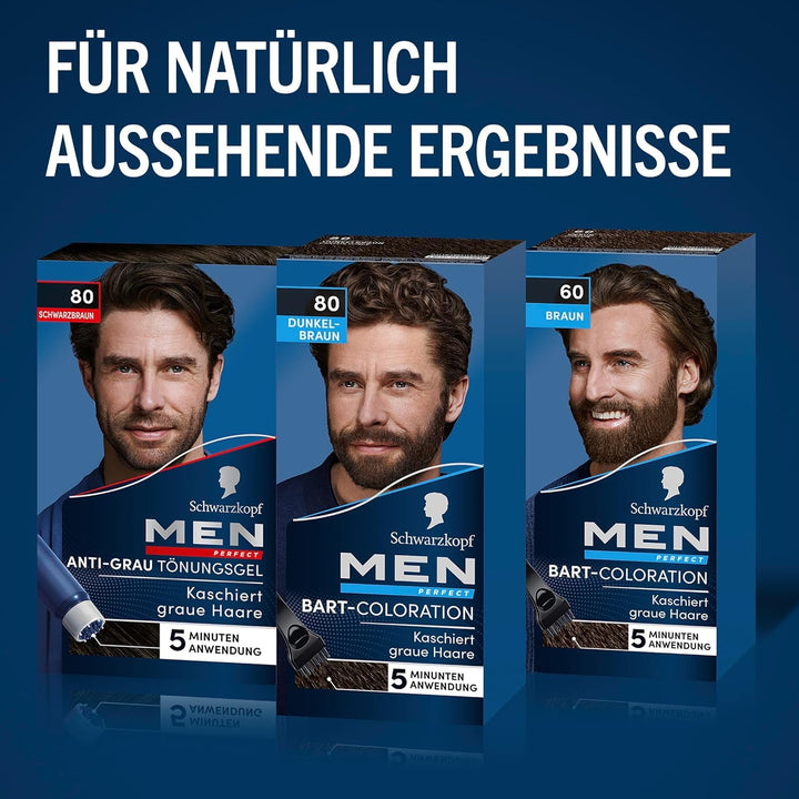 Schwarzkopf Men Perfect Bart-Coloration 80 Natur Schwarz-Braun Stufe 2 (4x 30 ml), Bartfärbemittel z
