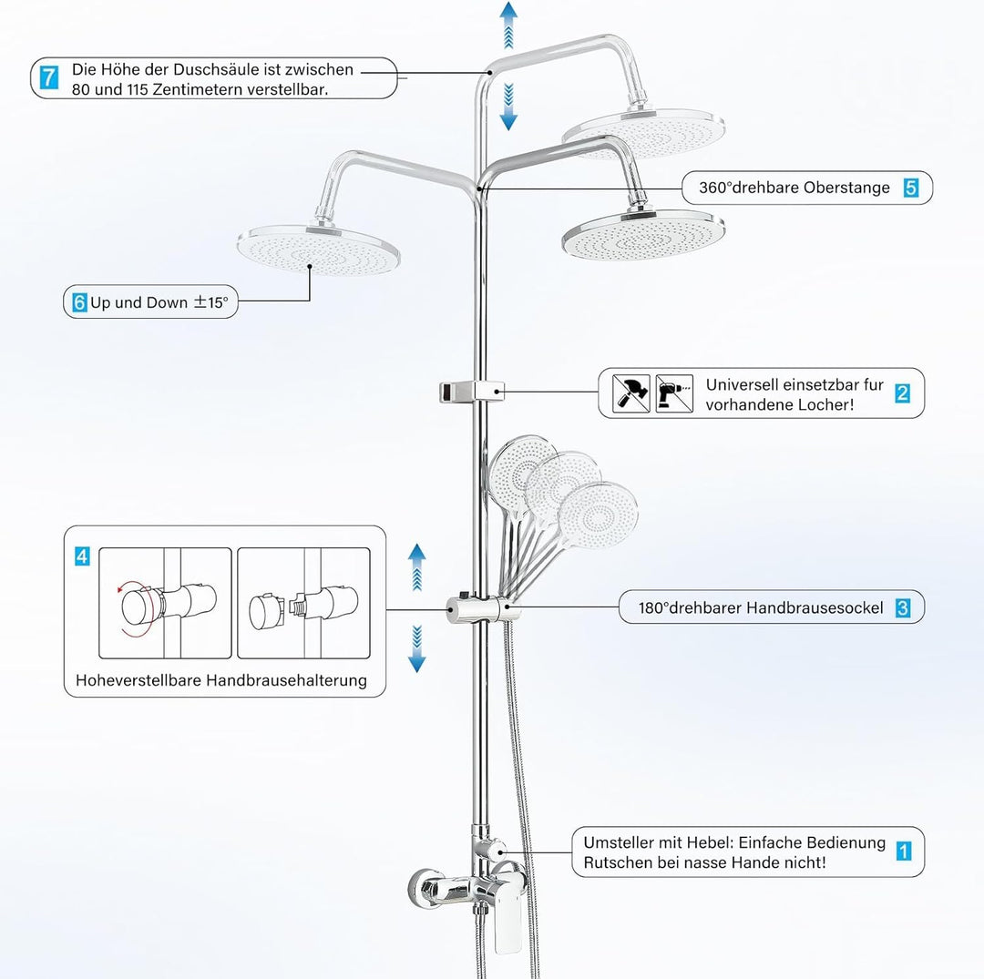HUAHOMDY Duschsystem mit Armatur with 25 cm Rund Regendusche und 3 Strahlarten Duschkopf Komplettset