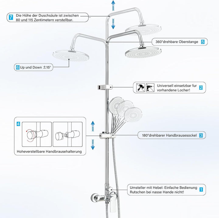 HUAHOMDY Duschsystem mit Armatur with 25 cm Rund Regendusche und 3 Strahlarten Duschkopf Komplettset