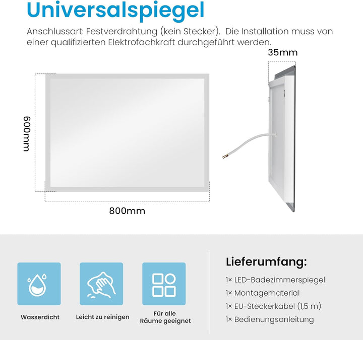 Heilmetz Badspiegel mit Beleuchtung 80x60cm Badezimmerspiegel mit Beleuchtung LED Badspiegel Warmwei